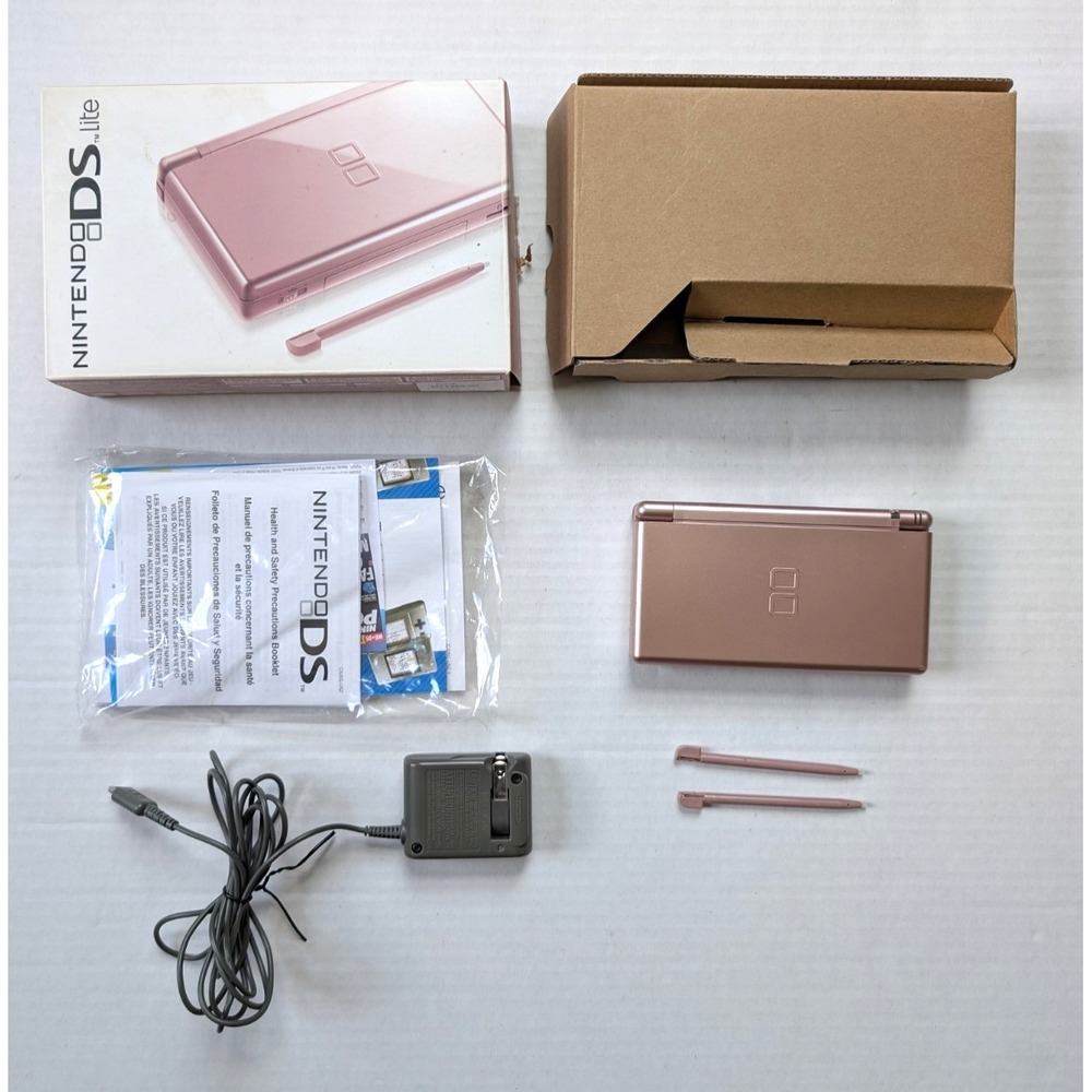 READ Nintendo DS Lite Rose Metallic Pink In Box Broken Hinge Tested Working